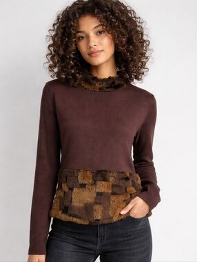 Vintage CUBIX Size Medium Brown Mock Neck Wool Blend Sweater with Faux Fur Trim